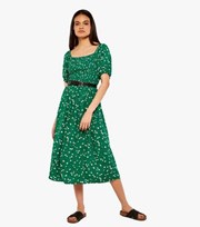 Apricot Green Floral Shirred Midi Dress